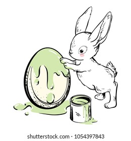 Easter vector illustration with hand drawn bunny coloring the festive egg. Doodle sketch. Engraving style. For baby shower or easter card.