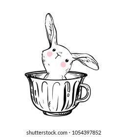 Easter vector illustration with hand drawn bunny hide in a tea cup. Doodle sketch. Engraving style. For baby shower or easter card.
