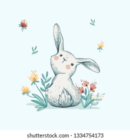 Easter vector illustration with hand drawn cute bunny and floral elements. Colorful sketch. Cartoon style. Perfect for baby shower or easter card, invitations, posters, banners.