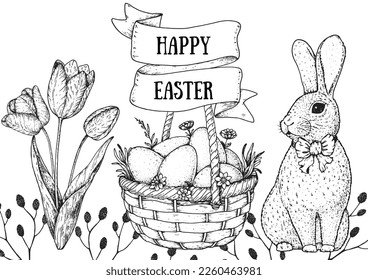Easter vector illustration. Hand drawn sketches. Design elements. Hand drawn easter bunny, easter eggs, spring flowers, basket with eggs. Vintage engraved style.
