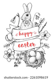 Easter vector illustration. Hand drawn sketches. Design elements. Hand drawn easter bunny, easter eggs, spring flowers, basket with eggs. Vintage engraved style.