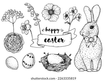 Ostervektorgrafik. Handgezeichnete Skizzen. Designelemente. Handgezeichnete Ostersonne, Ostereier, Frühlingsblumen, Korb, Nest mit Eiern. Vintage-Gravur-Stil.