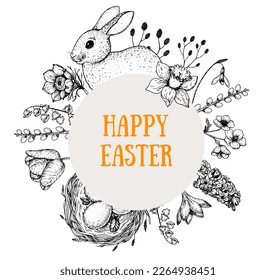 Easter vector illustration. Hand drawn sketches. Design elements. Hand drawn easter bunny, easter eggs, spring flowers, basket with eggs. Vintage engraved style.