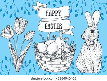 Easter vector illustration. Hand drawn sketches. Design elements. Hand drawn easter bunny, easter eggs, spring flowers, basket, nest with eggs. Vintage engraved style.