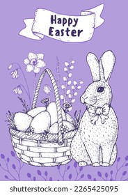 Easter vector illustration. Hand drawn sketches. Design elements. Hand drawn easter bunny, easter eggs, spring flowers, basket with eggs. Vintage engraved style.