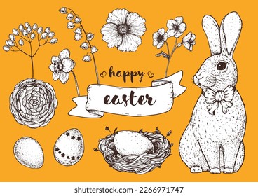 Easter vector illustration. Hand drawn sketches. Design elements. Hand drawn easter bunny, easter eggs, spring flowers, basket, nest with eggs. Vintage engraved style.