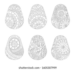 Easter vector illustration. Happy Easter. Collection of images of Easter eggs. Outline drawing. Hand drawing coloring book for children and adults. Design for cards, flyers, brochures.