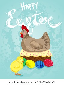 Easter vector illustration with hen on eggs and small chicken.
