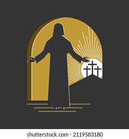 Easter Vector Illustration. Jesus Christ Is Resurrected And Comes Out Of The Tomb. Three Crosses On Golgotha.