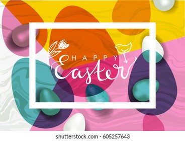 Easter vector illustration. Realistic festive eggs and sketch drawing spring twigs, flowers and birds. Hand written lettering.