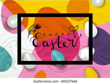 Easter vector illustration. Realistic festive eggs and sketch drawing spring twigs, flowers and birds. Hand written lettering.