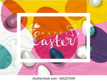 Easter vector illustration. Realistic festive eggs and sketch drawing spring twigs, flowers and birds. Hand written lettering.