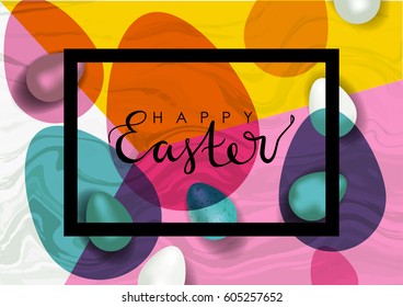 Easter vector illustration. Realistic festive eggs and sketch drawing spring twigs, flowers and birds. Hand written lettering.