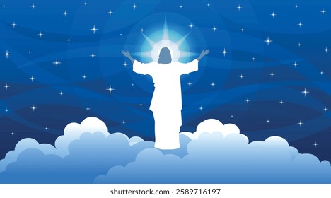 Easter vector illustration, with Risen Jesus Christ in the sky at night.