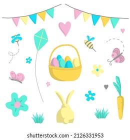 Easter vector illustration set. Basket with pastel colors eggs, bunny, butterfly, bee, pink heart, flower, grass, carrot, garland, willow, daisy, kite, sign Happy Easter. Colorful spring card.