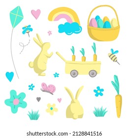 Easter vector illustration set. Basket with pastel colors eggs, bunny, butterfly, bee, rainbow, heart, flower, grass, carrot, garland, willow, daisy, kite. Colorful spring card.