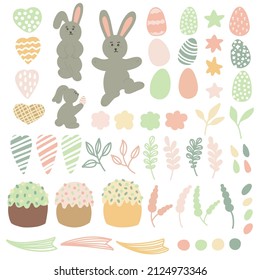 Easter vector illustration set with bunny and Easter decoration, hand drawn