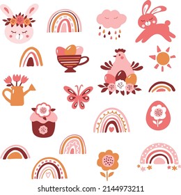 Easter vector illustration set: bunny, chicken, rainbows, flowers, cake, eggs, cloud, butterfly