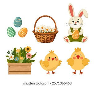 Easter vector illustration set for Easter holidays. Cute bunny, yellow chickens, Easter eggs, daisies, flower beds Isolated