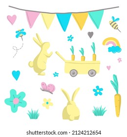 Easter vector illustration set. Pastel colors bunny, butterfly, bee, rainbow, heart, flower, grass, carrot, garland,  willow, daisy. Colorful spring card. 