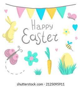 Easter vector illustration set. Pastel color egg, bunny, butterfly, bee, heart, flower, grass, carrot, garland, daisy, sign Happy Easter. Colorful spring card. Easter clipart.