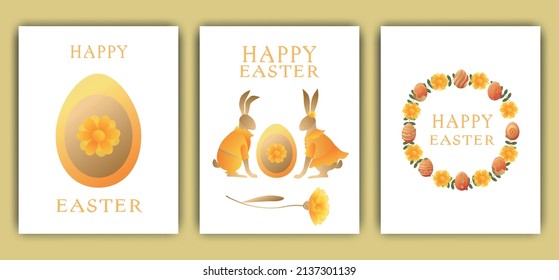 Easter vector illustration, set of three cards. Rabbits, wreaths and flowers, Easter eggs. Gradient, postcards with words, wishes for happy Easter 
