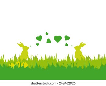 Easter vector illustration with silhouettes of two bunnies blowing valentine hearts, eggs and grass