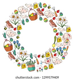 Easter vector illustration. Spring design for patterns. Holiday decoration for greeting cards. Rabbit, bunny character, eggs, flowers, seasonal elements.
