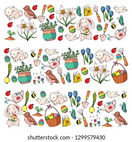 Easter vector illustration. Spring design for patterns. Holiday decoration for greeting cards. Rabbit, bunny character, eggs, flowers, seasonal elements.