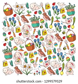 Easter vector illustration. Spring design for patterns. Holiday decoration for greeting cards. Rabbit, bunny character, eggs, flowers, seasonal elements.