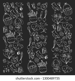 Easter vector illustration. Spring design for patterns. Holiday decoration for greeting cards. Rabbit, bunny character, eggs, flowers, seasonal elements.