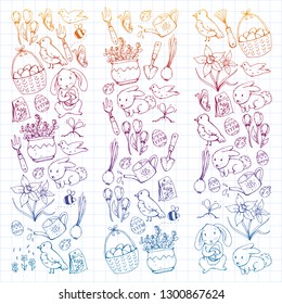 Easter vector illustration. Spring design for patterns. Holiday decoration for greeting cards. Rabbit, bunny character, eggs, flowers, seasonal elements.