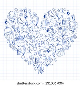 Easter vector illustration. Spring design for patterns. Holiday decoration for greeting cards. Rabbit, bunny character, eggs, flowers, seasonal elements.