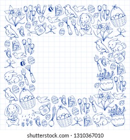 Easter vector illustration. Spring design for patterns. Holiday decoration for greeting cards. Rabbit, bunny character, eggs, flowers, seasonal elements.