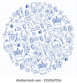 Easter vector illustration. Spring design for patterns. Holiday decoration for greeting cards. Rabbit, bunny character, eggs, flowers, seasonal elements.