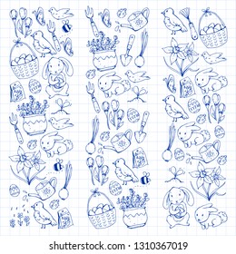 Easter vector illustration. Spring design for patterns. Holiday decoration for greeting cards. Rabbit, bunny character, eggs, flowers, seasonal elements.