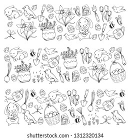Easter vector illustration. Spring design for patterns. Holiday decoration for greeting cards. Rabbit, bunny character, eggs, flowers, seasonal elements.