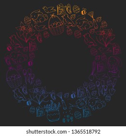 Easter vector illustration. Spring design for patterns. Holiday decoration for greeting cards. Rabbit, bunny character, eggs, flowers, seasonal elements.