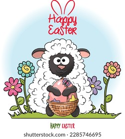 Easter vector illustration. Spring lamb with a basket of eggs flowers with text Happy Easter. Cartoon character and floral elements. Sheep with egg. For holiday decoration and spring greeting cards.