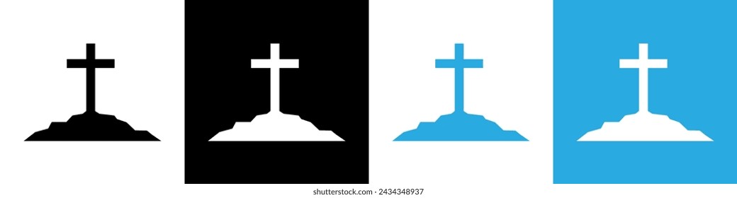 Easter vector illustration. Three crosses on a hill. He Is Risen vector icon. Calvary Cross icon.