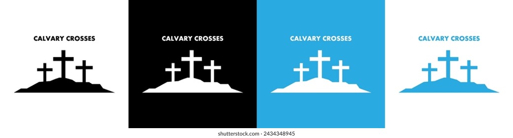 Easter vector illustration. Three crosses on a hill. Calvary Cross icon. He Is Risen vector icon. 