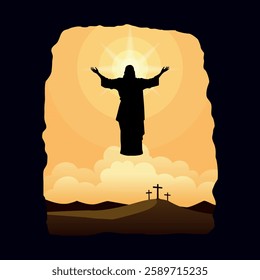 Easter vector illustration, with three crosses on the Calvary and Risen Jesus Christ in the sky.