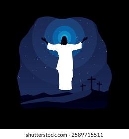 Easter vector illustration, with three crosses on the Calvary and Risen Jesus Christ in the sky.