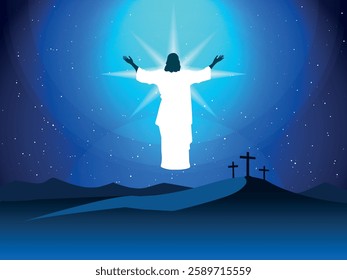 Easter vector illustration, with three crosses on the Calvary and Risen Jesus Christ in the sky.