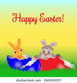 Easter vector illustration, two little bunny sitting in painted eggs on the grass, cartoon on gradient background,