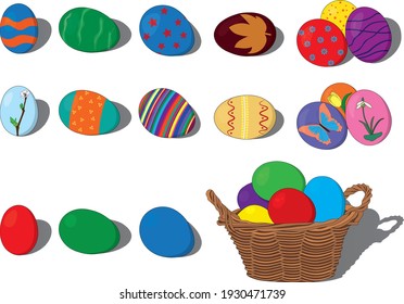 Easter vector illustration with types of egg decorations and basket with coloured eggs