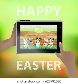 Easter vector. Illustration for your design. Funny rabbits - eggs on the background of a wooden fence