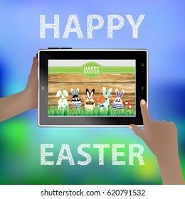 Easter vector. Illustration for your design. Funny rabbits - eggs on the background of a wooden fence. Sailors led by a meal: a chocolate Easter cake