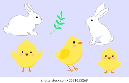Easter vector illustrations – cute spring chicks, bunny rabbits, grass elements – flat editable design, layered EPS file for holiday decor, cards, kids prints and patterns.