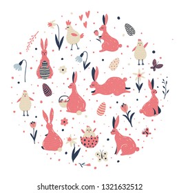 Easter vector illustrations set with hand drawn elements for your design. Circle concept.